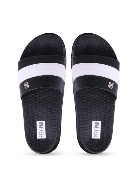 

PERY PAO Men Black & White Striped Rubber Sliders