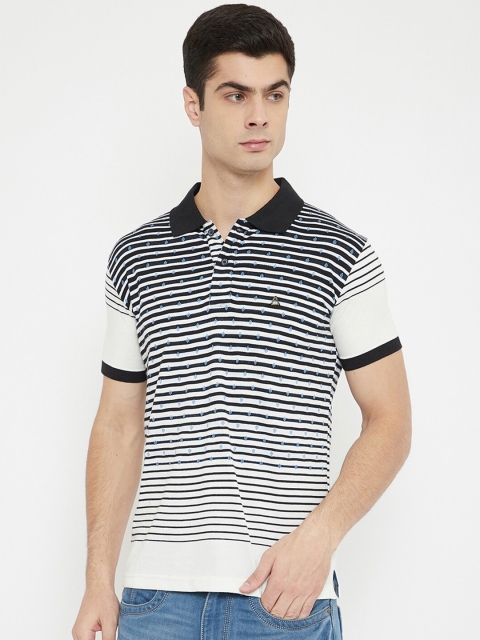 

Duke Men White & Black Striped Cotton Polo Collar T-shirt