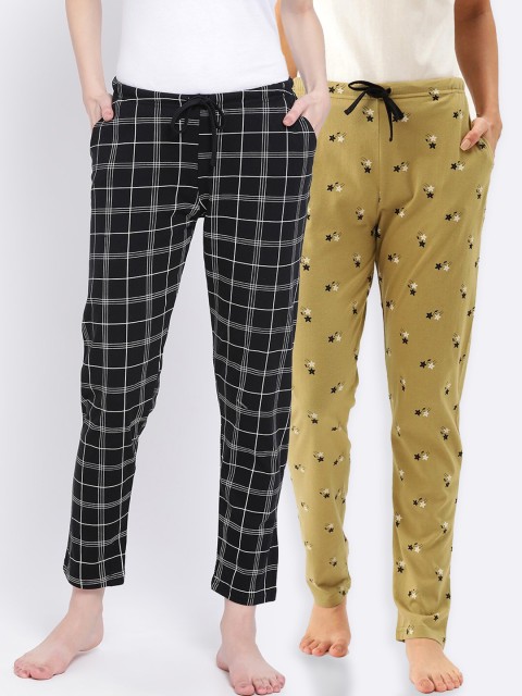 

Kanvin Women Pack of 2 Printed Pure Cotton Lounge Pants, Black