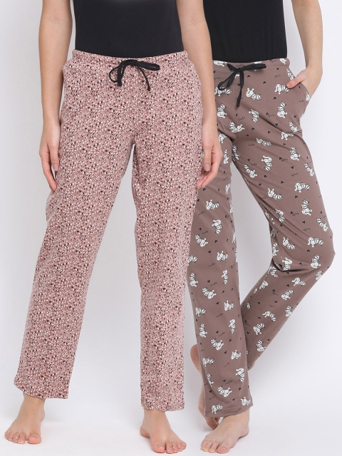 

Kanvin Women Pack Of 2 Printed Pure Cotton Lounge Pants, Brown