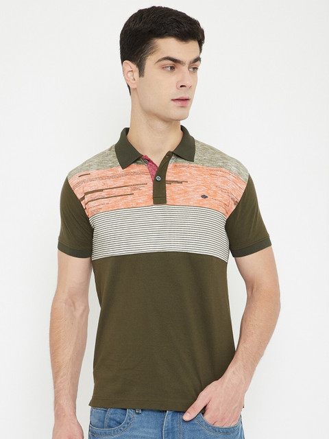 

Duke Men Olive Green Colourblocked Slim-Fit Cotton Polo Collar T-shirt with Striped Detail