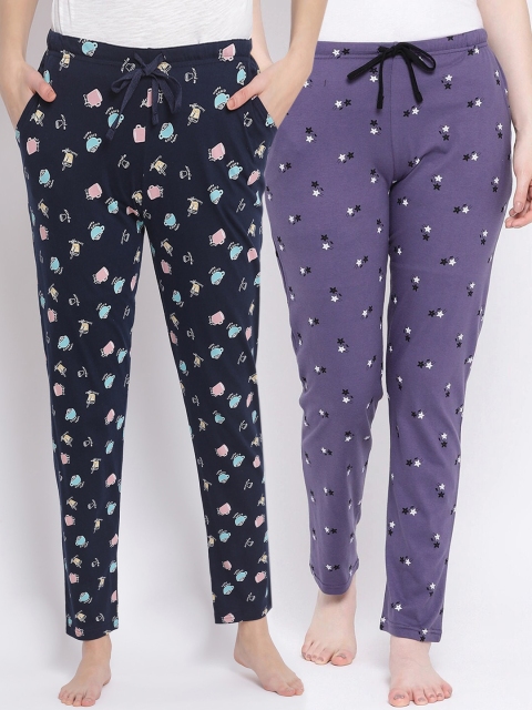 

Kanvin Women Pack Of 2 Printed Pure Cotton Lounge Pants, Navy blue