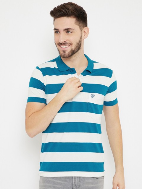 

Duke Men Off-White & Blue Striped Slim-Fit Cotton Polo Collar T-shirt