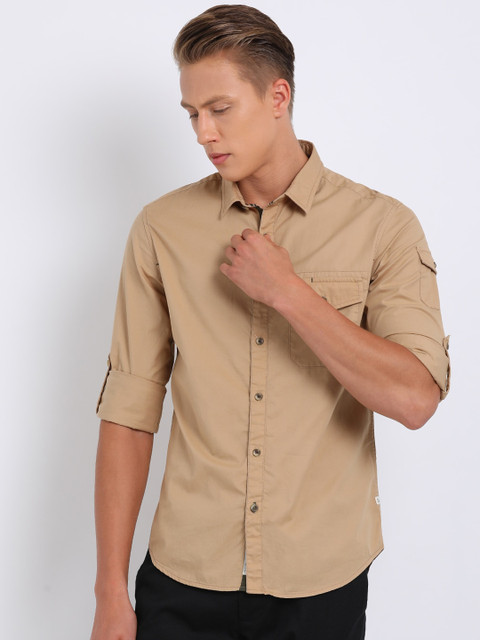 

t-base Men Beige Regular Fit Solid Casual Shirt