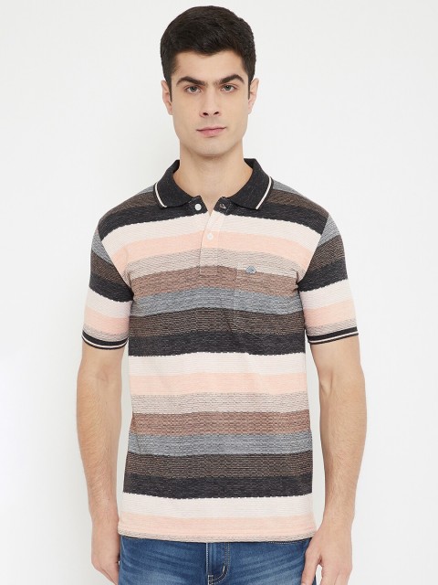 

Duke Men Black & Cream Coloured Striped Cotton Polo Collar T-shirt