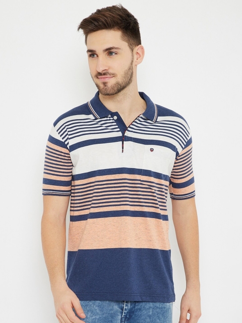 

Duke Men Pink & Navy Blue Striped Cotton Polo Collar T-shirt