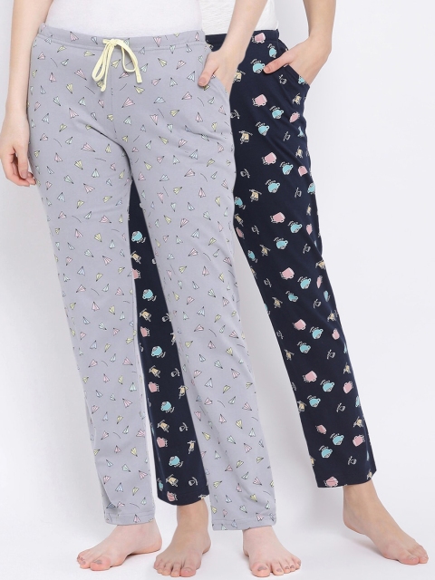 

Kanvin Women Pack of 2 Printed Pure Cotton Lounge Pants, Navy blue