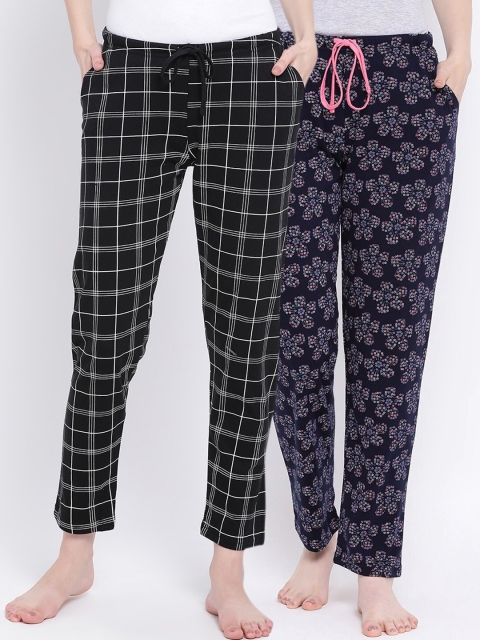 

Kanvin Women Pack of 2 Printed Pure Cotton Lounge Pants, Black
