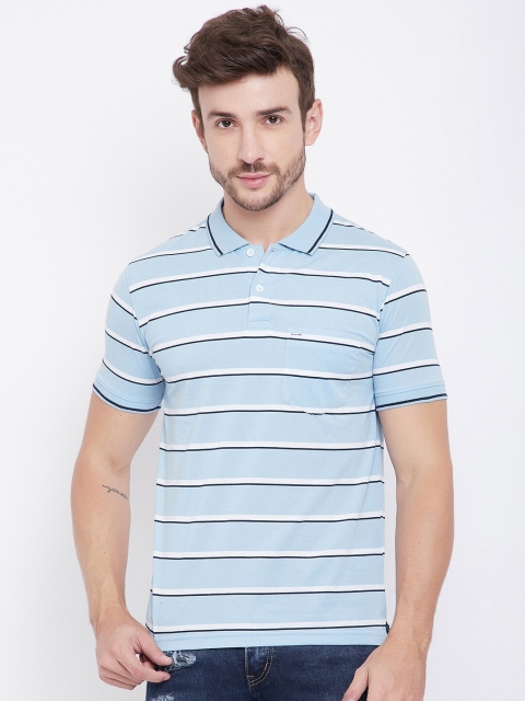 

Okane Men Blue & White Striped Polo Collar T-shirt