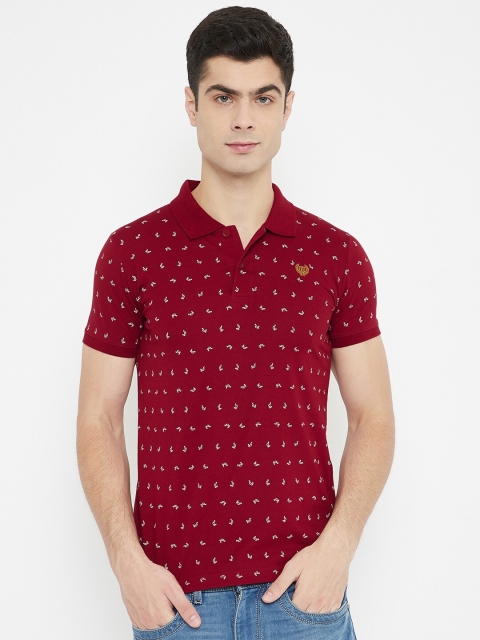 

Duke Men Burgundy & White Conversational Print Slim-Fit Cotton Polo Collar T-shirt
