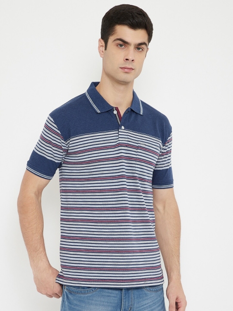 

Duke Men Off-White & Navy Blue Striped Cotton Polo Collar T-shirt