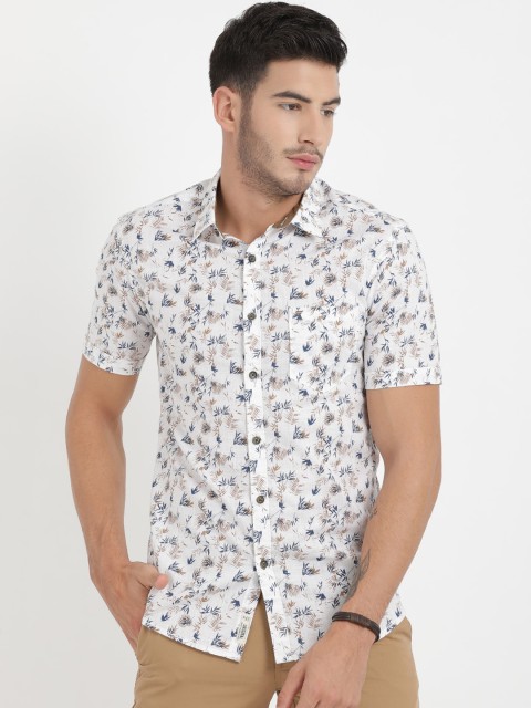 

t-base Men White & Navy Blue Regular Fit Printed Casual Shirt