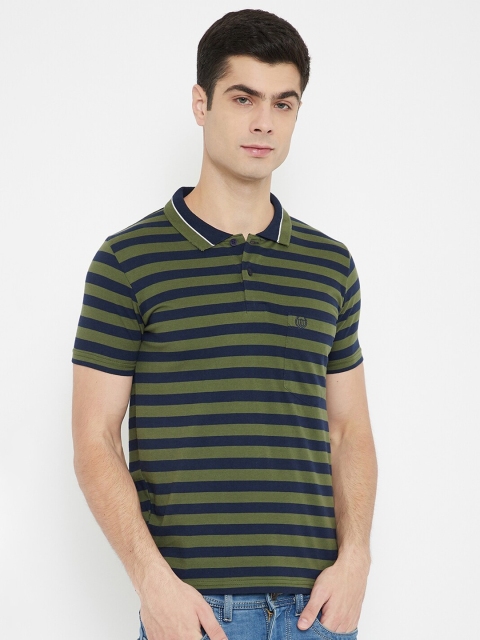

Duke Men Olive Green & Navy Blue Striped Slim-Fit Cotton Polo Collar T-shirt