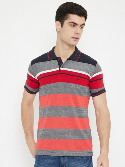 

Duke Men Grey & Peach-Coloured Striped Cotton Polo Collar T-shirt