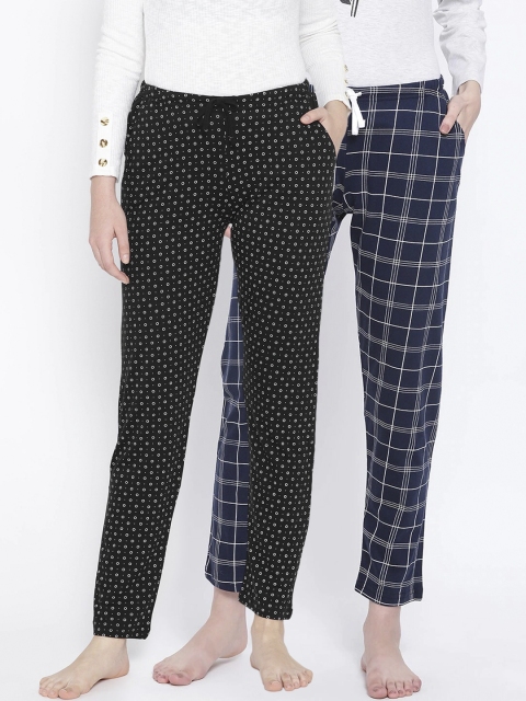 

Kanvin Women Pack Of 2 Printed Pure Cotton Lounge Pants, Navy blue