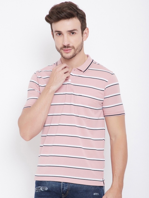 

Okane Men Pink & White Striped Polo Collar T-shirt