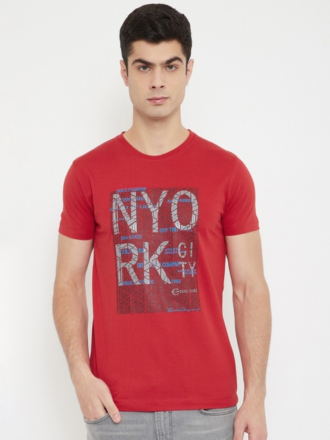 

Duke Men Red & Grey Melange Typography Print Slim-Fit Cotton Round Neck T-shirt
