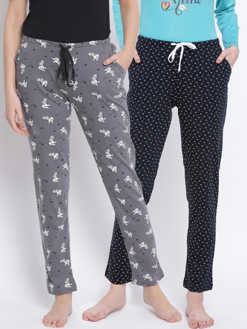 

Kanvin Women Pack of 2 Printed Pure Cotton Lounge Pants, Grey
