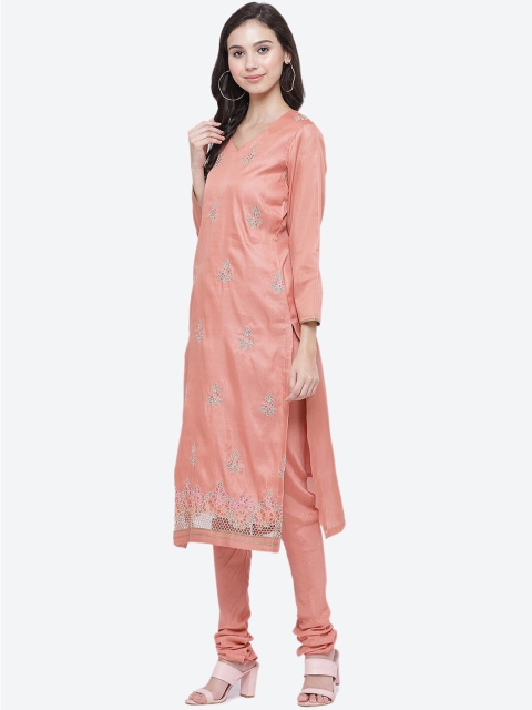 

Biba Peach-Coloured & White Art Silk Unstitched Dress Material