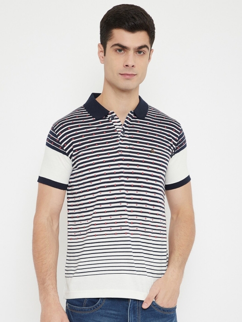 

Duke Men White & Blue Striped Cotton Polo Collar T-shirt