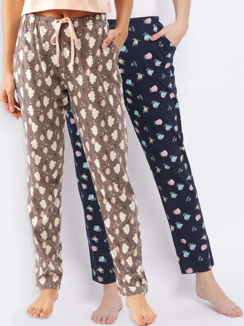 

Kanvin Women Pack Of 2 Printed Pure Cotton Lounge Pants, Navy blue