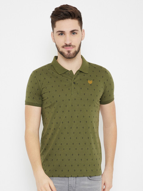 

Duke Men Olive Green & Black Geometric Print Slim-Fit Cotton Polo Collar T-shirt