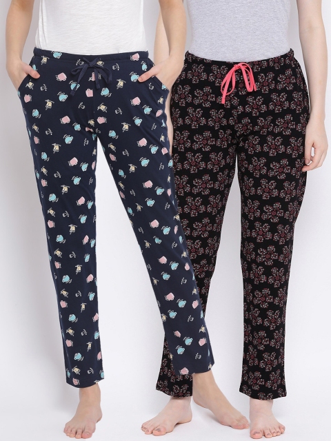 

Kanvin Women Pack Of 2 Printed Pure Cotton Lounge Pants, Navy blue