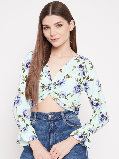 

Berrylush Sea Green Floral Bishop Sleeves Crepe Wrap Crop Top