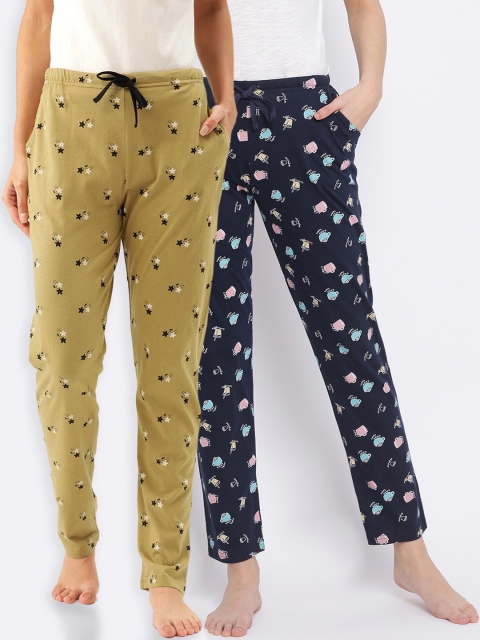 

Kanvin Women Pack Of 2 Printed Pure Cotton Lounge Pants, Navy blue