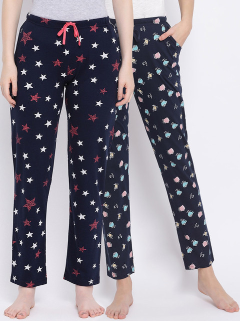 

Kanvin Women Pack Of 2 Printed Pure Cotton Lounge Pants, Navy blue