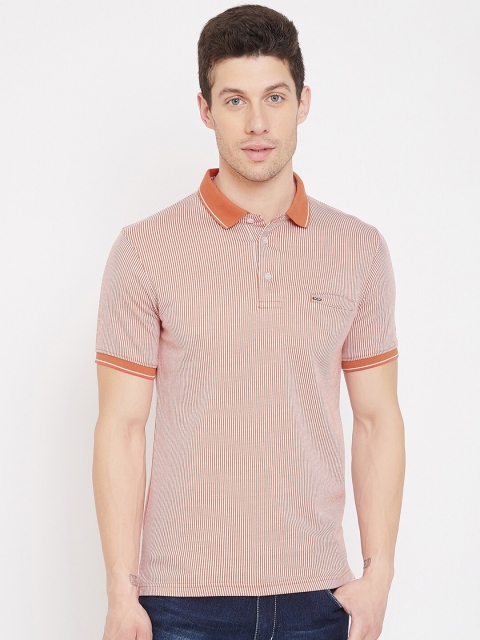 

Okane Men Rust Brown Striped Polo Collar T-shirt