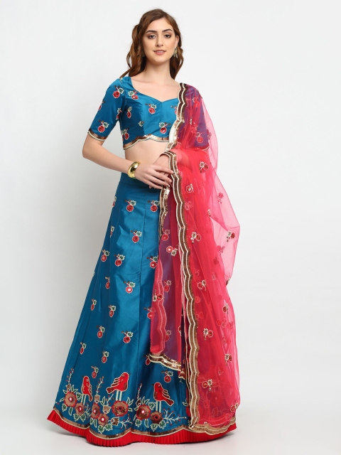

panchhi Teal & Pink Embroidered Semi-Stitched Lehenga & Unstitched Blouse with Dupatta