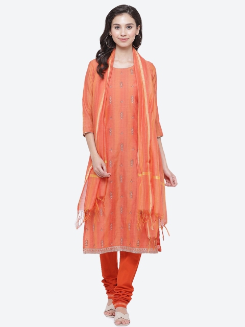 Biba Orange & Gold-Toned Cotton Blend Unstitched Dress Material