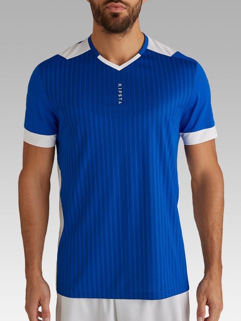 

Kipsta By Decathlon Men Blue Striped Henley Neck T-shirt
