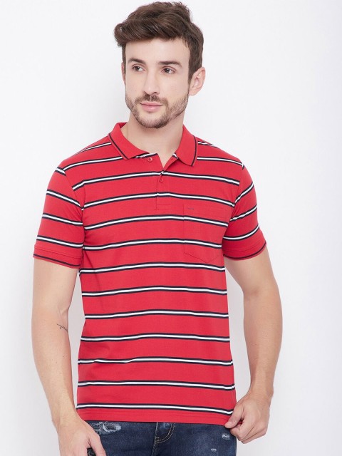 

Okane Men Red & White Striped Polo Collar T-shirt