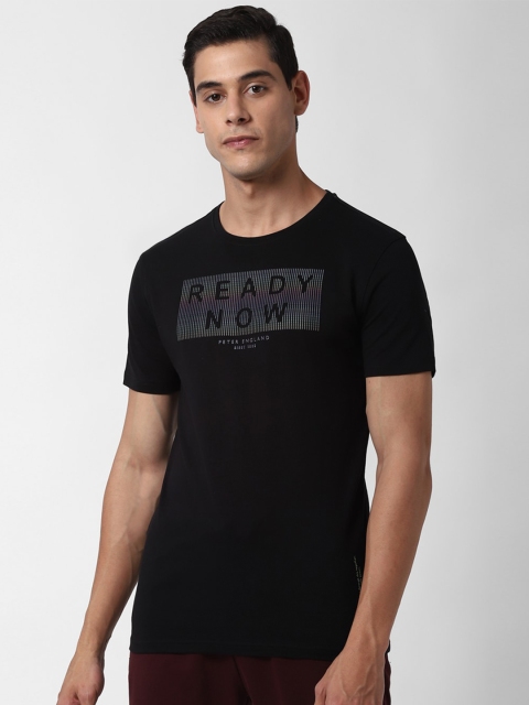 

Peter England Men Black & Purple Typography Print Pure Cotton Round Neck T-shirt