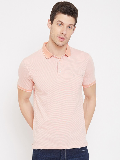 

Okane Men Peach-Coloured Striped Polo Collar T-shirt