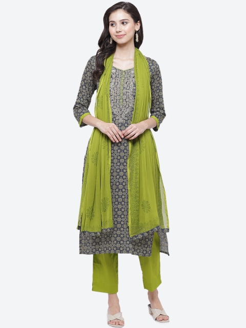 

Biba Green & Navy Blue Satin Unstitched Dress Material