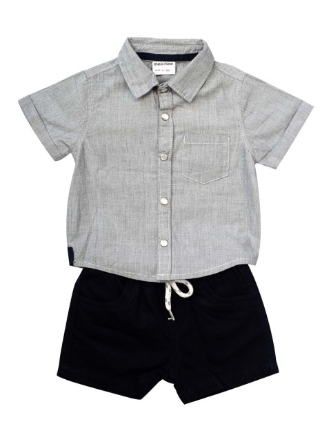 

MeeMee Boys Grey & Navy Blue Solid Shirt with Shorts