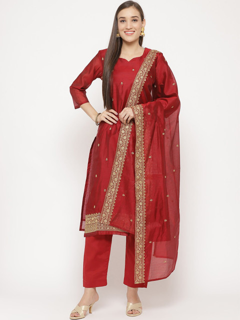 

Biba Maroon & Gold-Toned Art Silk Unstitched Dress Material