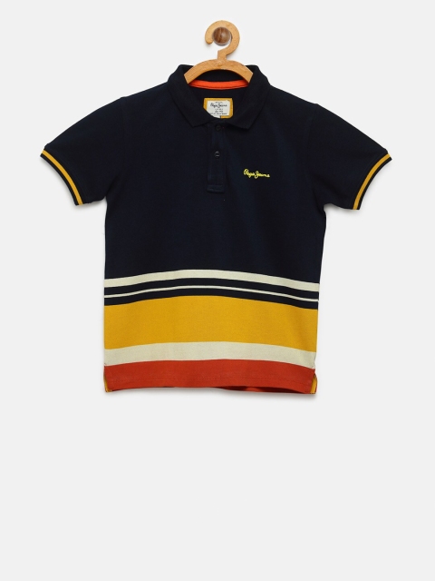 

Pepe Jeans Boys Navy Blue Pure Cotton Striped Polo Collar Pure Cotton T-shirt