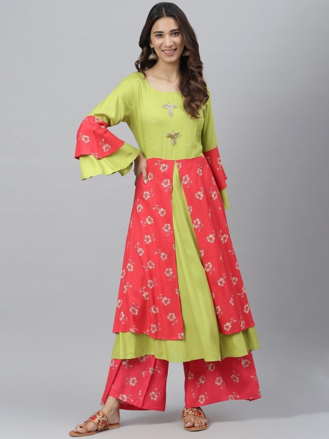 

JAIPUR ATTIRE Women Yellow Floral Printed Layered Kurta & Palazzos