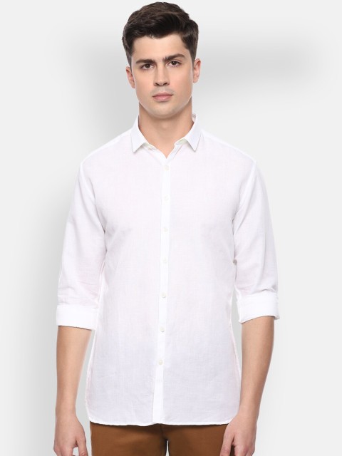 V Dot Men White Slim Fit Solid Linen Casual Shirt