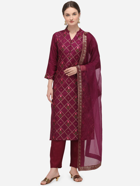 

Seerat Women Purple Regular Straight Pure Silk Jacquard Kurta & Trousers With Dupatta