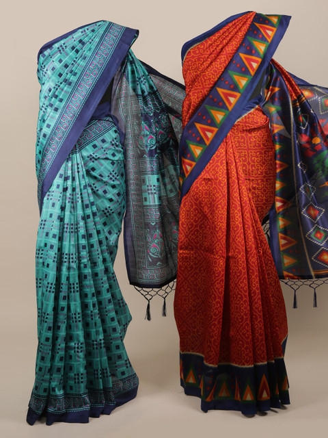 

Pothys Blue & Red Set of 2 Jute Silk Printed Saree