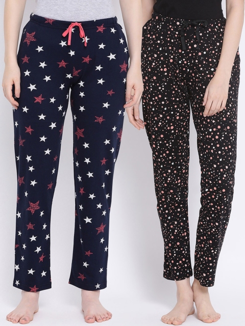 

Kanvin Women Pack of 2 Printed Pure Cotton Lounge Pants, Black
