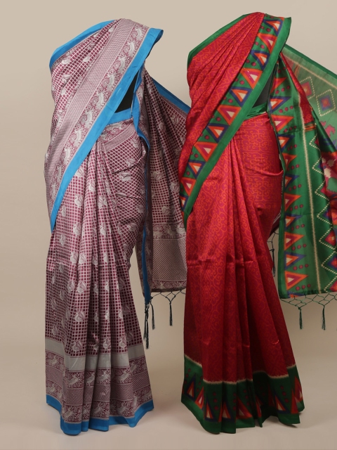 

Pothys Maroon & Red Set of 2 Jute Silk Printed Saree