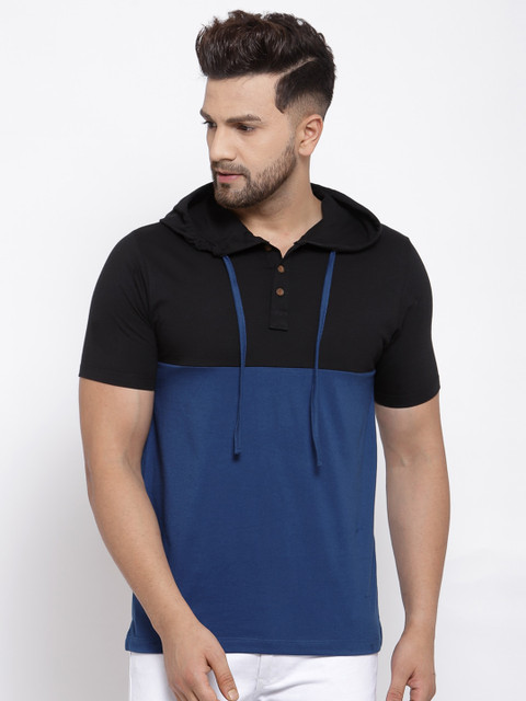 

Kalt Men Blue & Black Colourblocked Hooded T-shirt