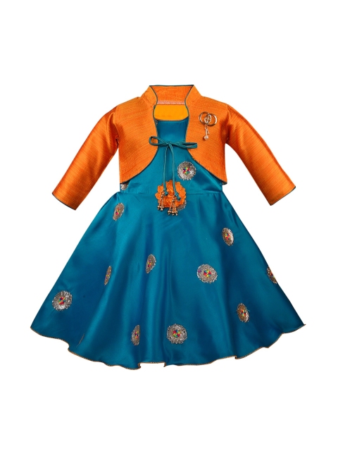 

Wish Karo Blue & Orange Floral Embroidered Satin Dress
