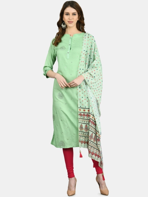 

Myshka Women Green Ethnic Motifs Printed Cotton Kurta With Dupatta